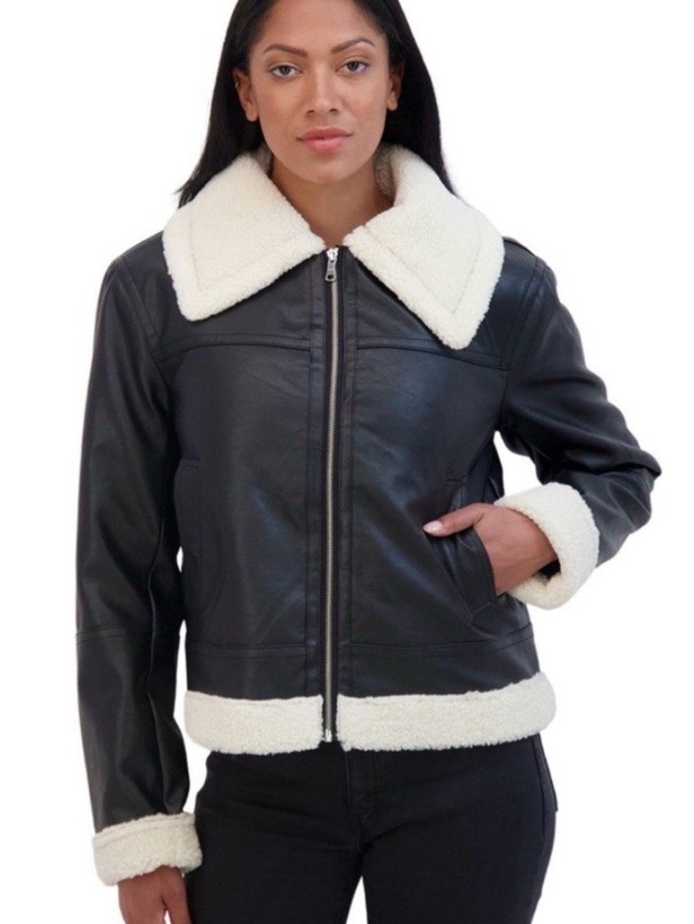 Women's Black Faux Leather Sherpa Jacket with Cream Trim size M